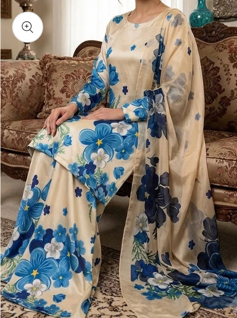 DIGITAL PRINT SHALMOZE SILK 3 PCS JAZMIN BLEU