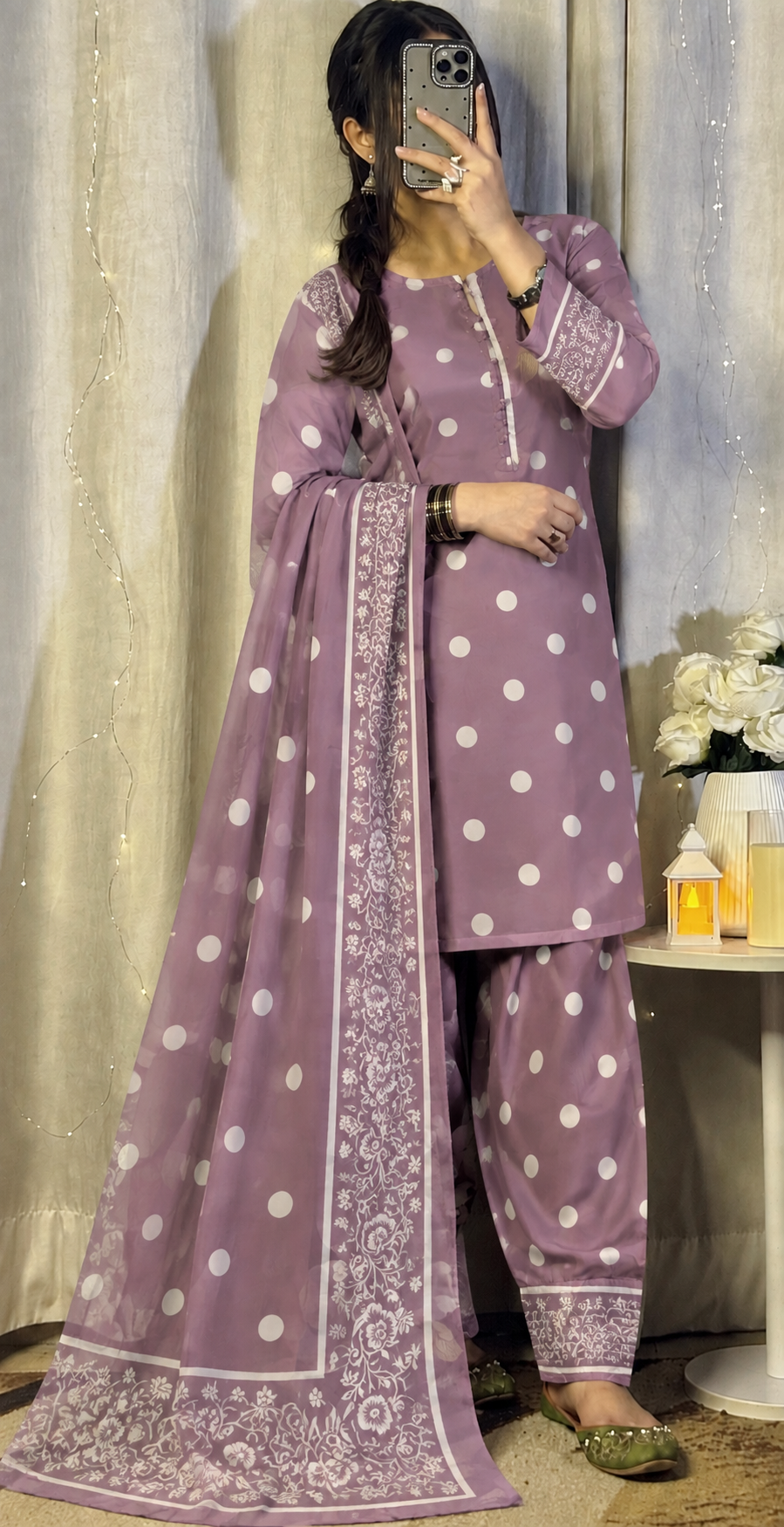 DIGITAL PRINT SHALMOZE SILK 3 PCS ( lavender polka)