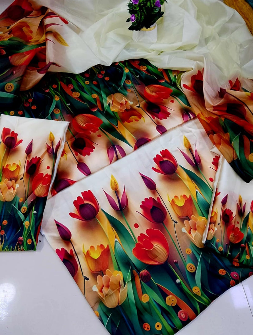 DIGITAL PRINT SHALMOZE SILK 3 PCS JAZMIN WHITE