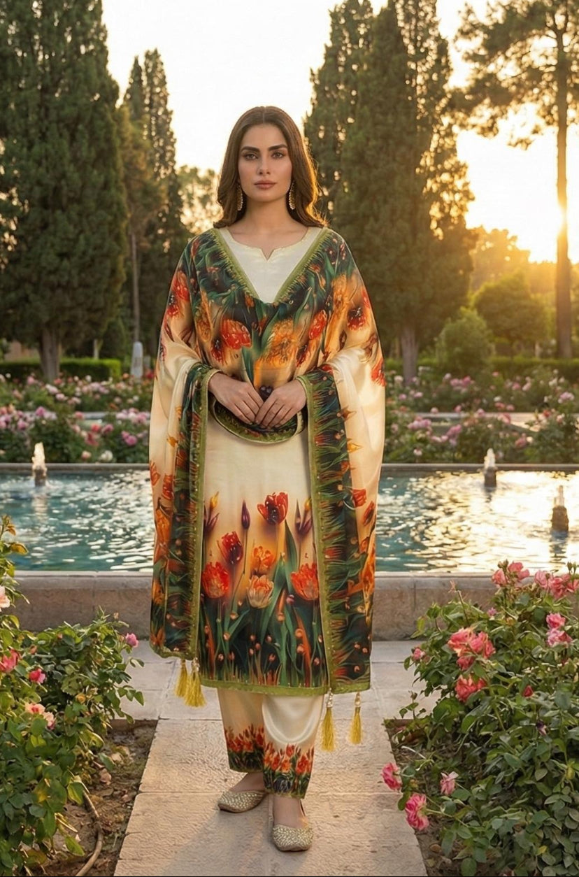 DIGITAL PRINT SHALMOZE SILK 3 PCS JAZMIN WHITE