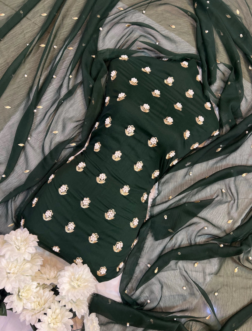 7pearls Premium Soft Chiffon 3pcs UNSTICH Dress ✨(KAI GREEN)