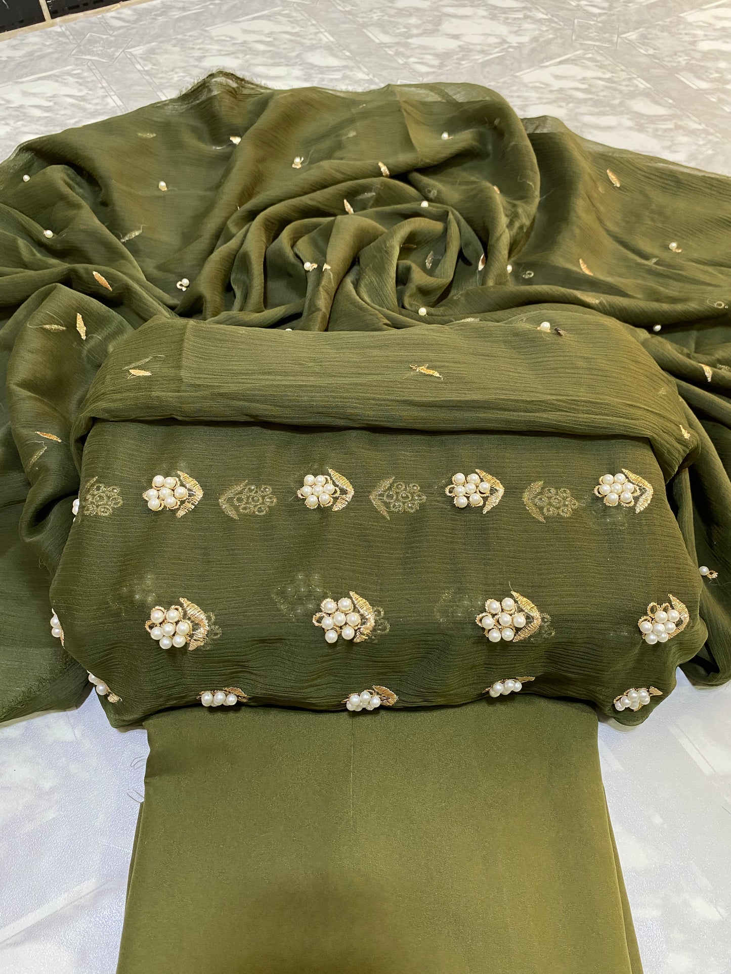7pearls Premium Soft Chiffon 3pcs UNSTICH Dress ✨(OLIVE GREEN)
