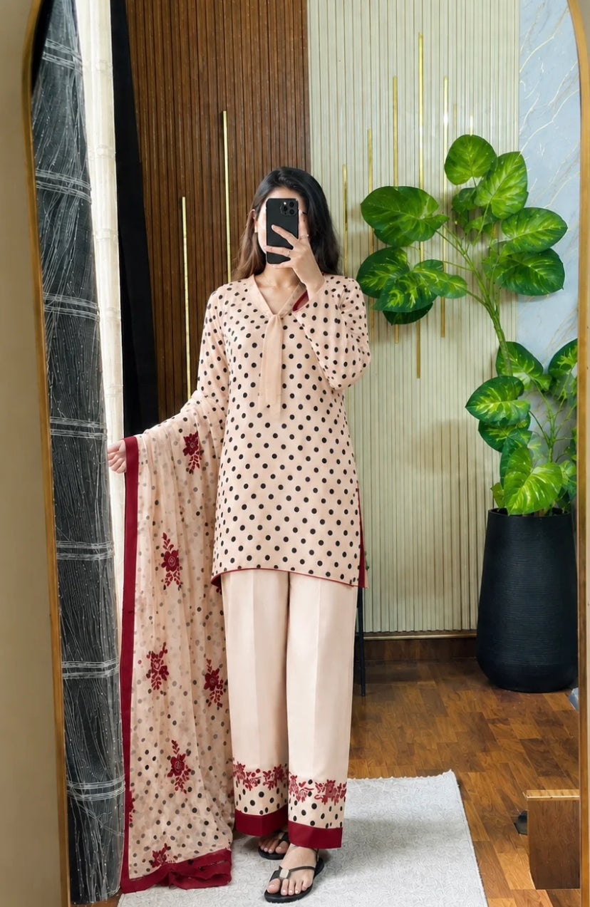 DIGITAL PRINT SHALMOZE SILK 3 PCS ( black polka )