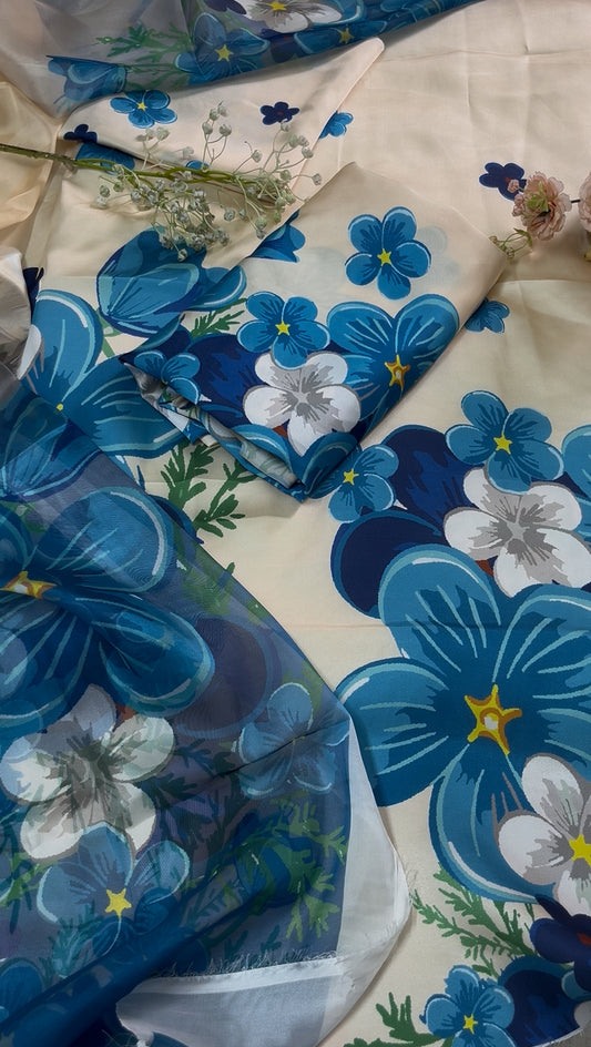 DIGITAL PRINT SHALMOZE SILK 3 PCS JAZMIN BLEU