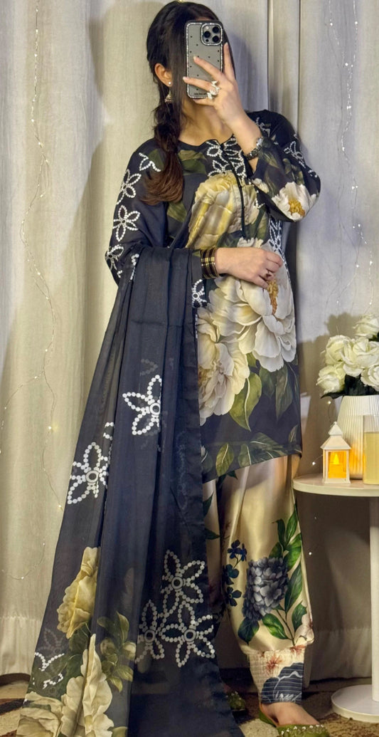 DIGITAL PRINT SHALMOZE SILK 3 PCS ( BLACK CO-ORD SET )
