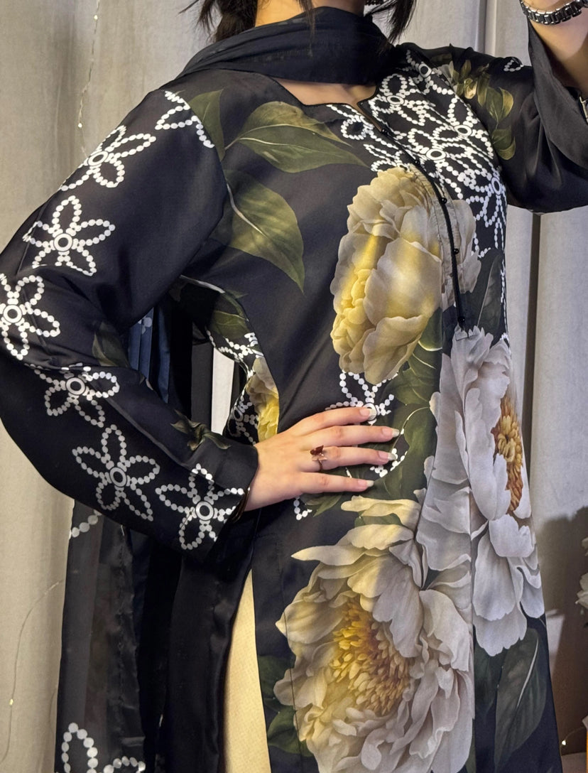 DIGITAL PRINT SHALMOZE SILK 3 PCS ( BLACK CO-ORD SET )