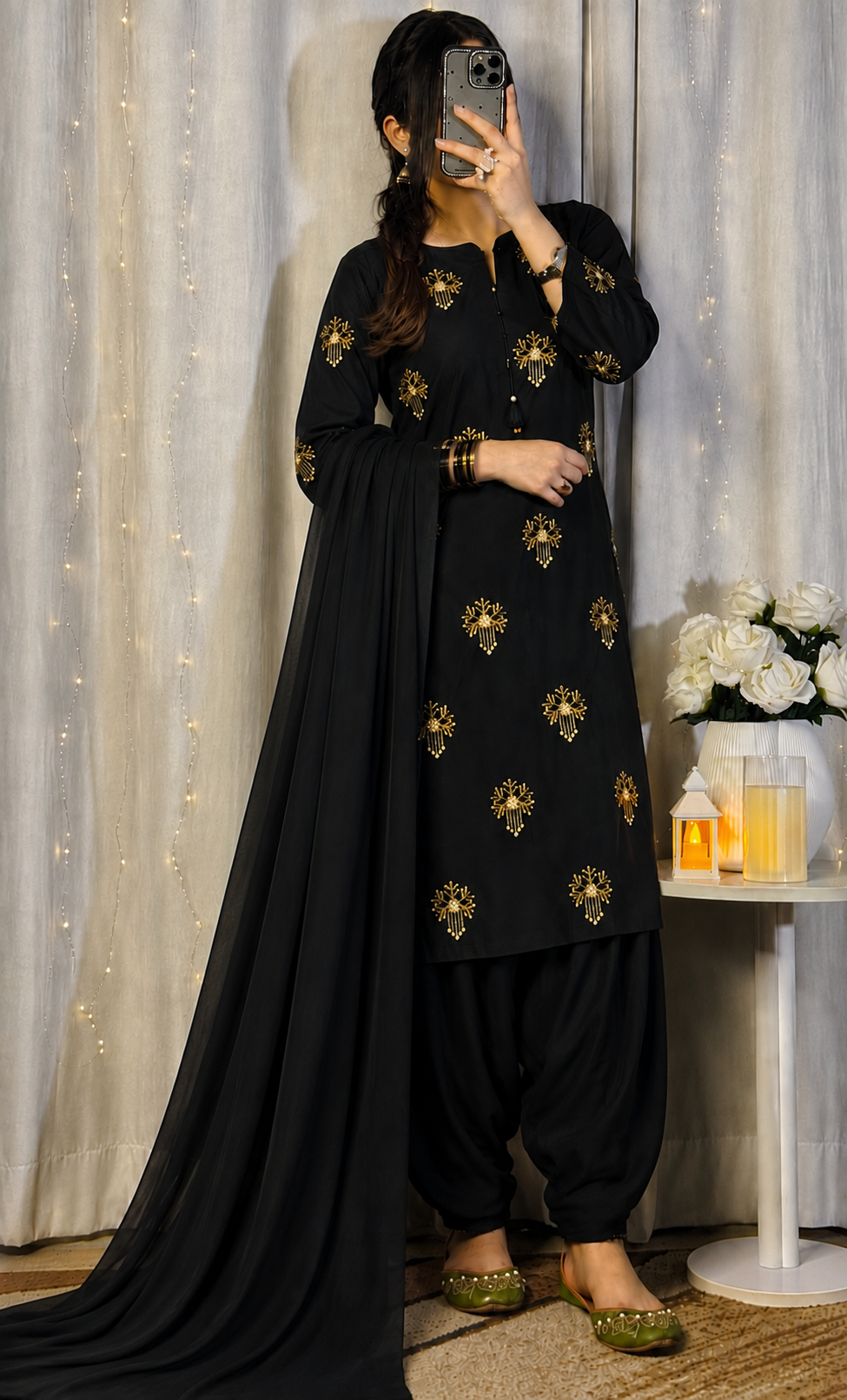 PEARLS WORK SHALMOZE SILK 3 PCS ( black )