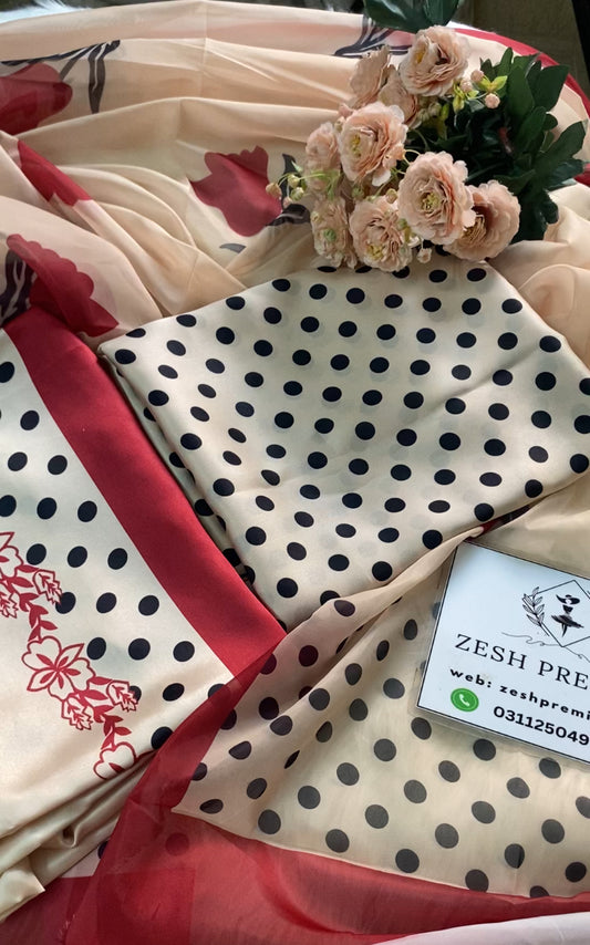 DIGITAL PRINT SHALMOZE SILK 3 PCS ( black polka )
