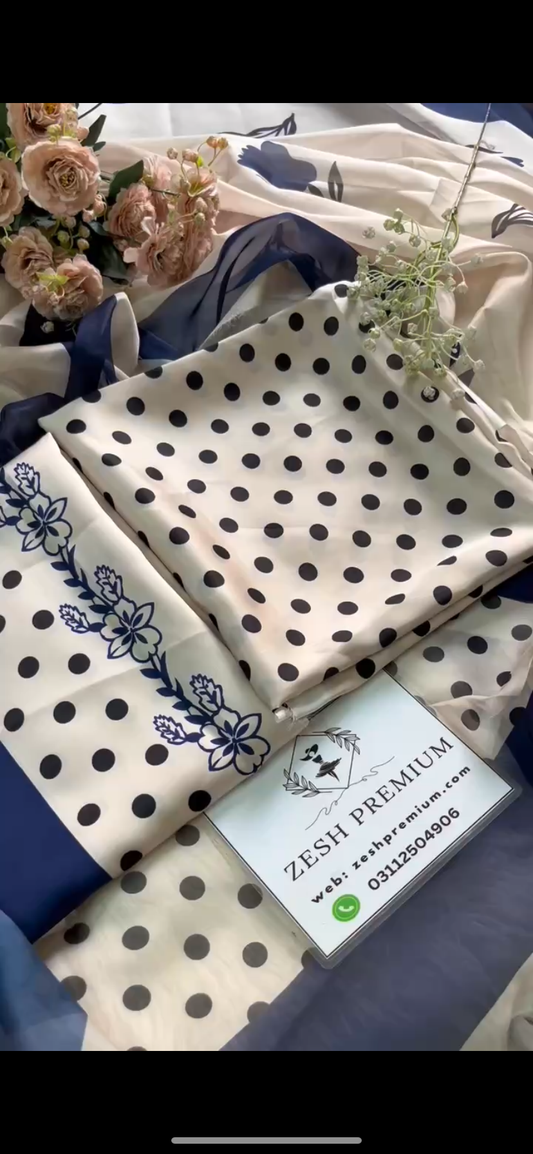 DIGITAL PRINT SHALMOZE SILK 3 PCS ( black polka navy blue )