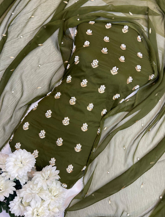 7pearls Premium Soft Chiffon 3pcs UNSTICH Dress ✨(OLIVE GREEN)