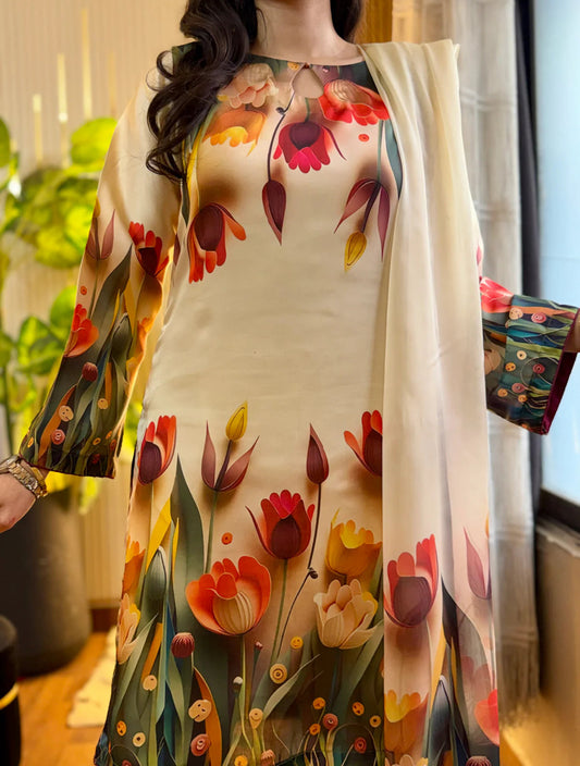 DIGITAL PRINT SHALMOZE SILK 3 PCS JAZMIN WHITE