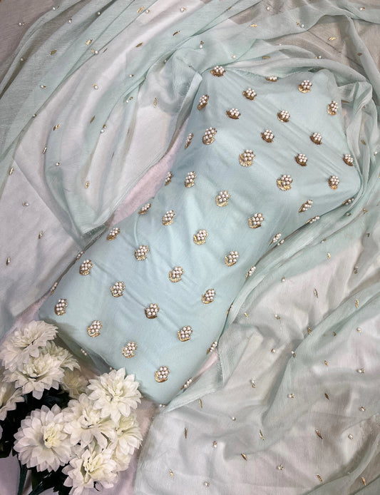 7pearls Premium Soft Chiffon UNSTICH Dress ✨(ICE BLUE )