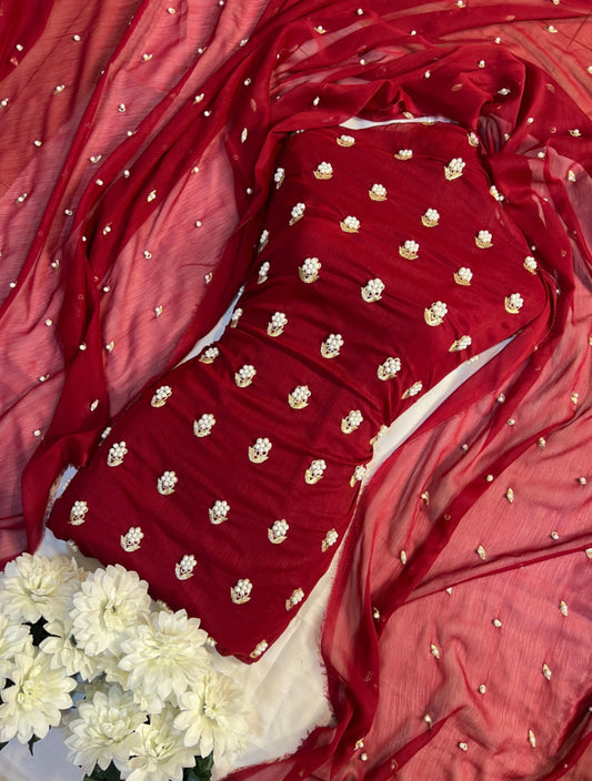 7pearls Premium Soft Chiffon 3pcs UNSTICH Dress ✨(REDDISH MEHROON)