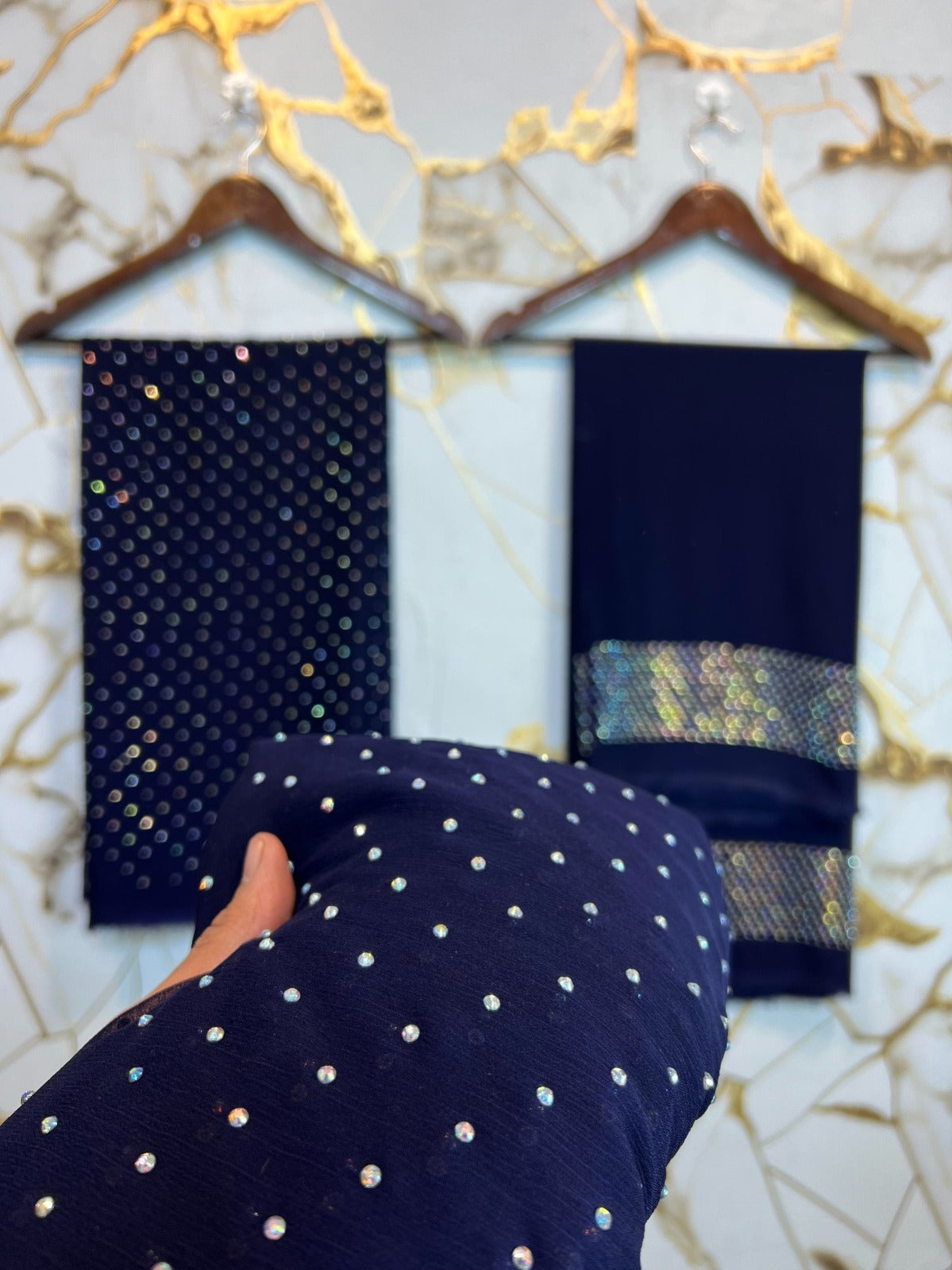Chiffon Crystal Work 4-Piece Dress ( navy blue )