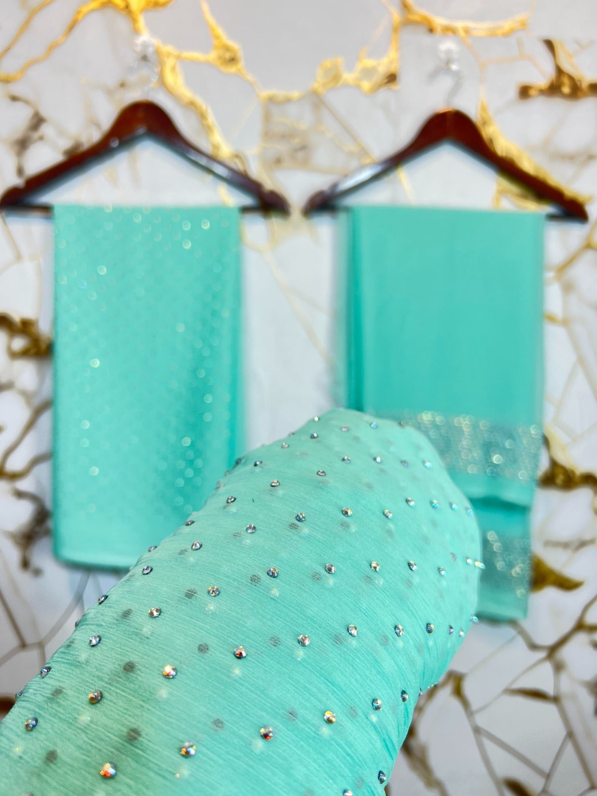 Chiffon Crystal Work 4-Piece Dress(sky Blue)