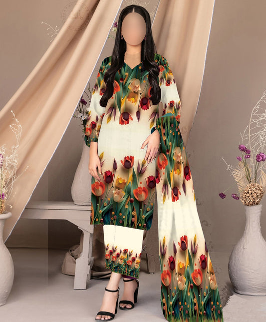 DIGITAL PRINT SHALMOZE SILK 3 PCS JAZMIN WHITE
