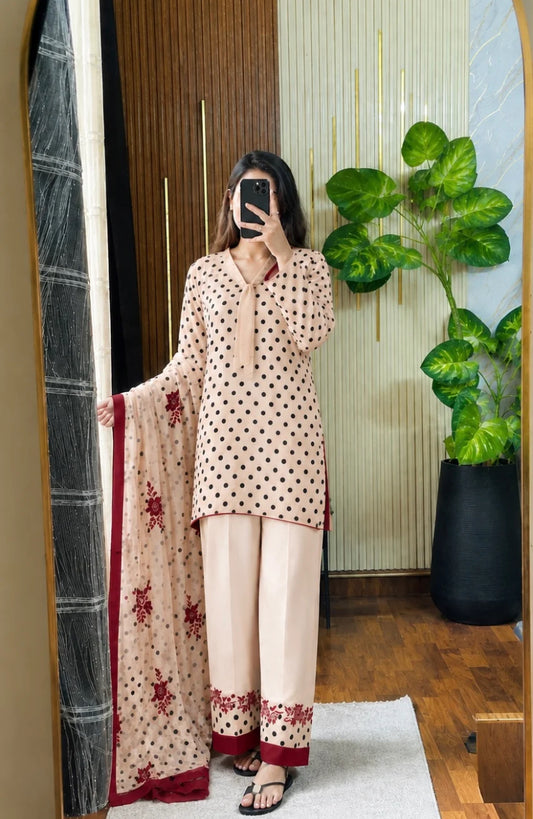 DIGITAL PRINT SHALMOZE SILK 3 PCS ( black polka )