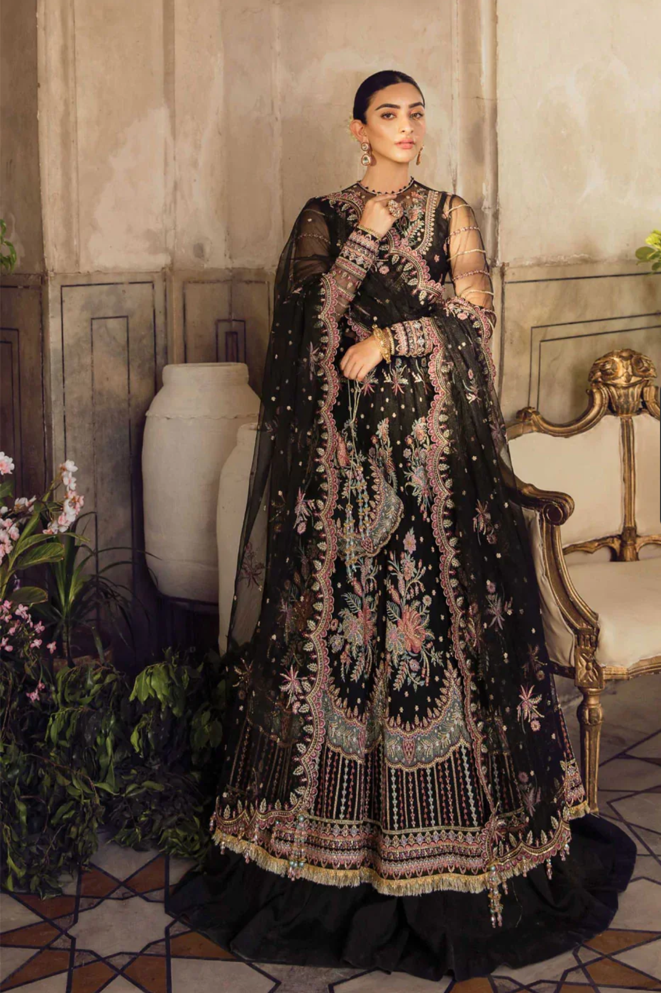 Afrozeh Black Bridal Collection Net Maxi